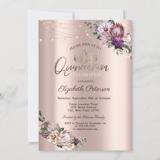 Tiara,String Ljus Tropical Flowers Quinceañera Inbjudningar (Framsida)