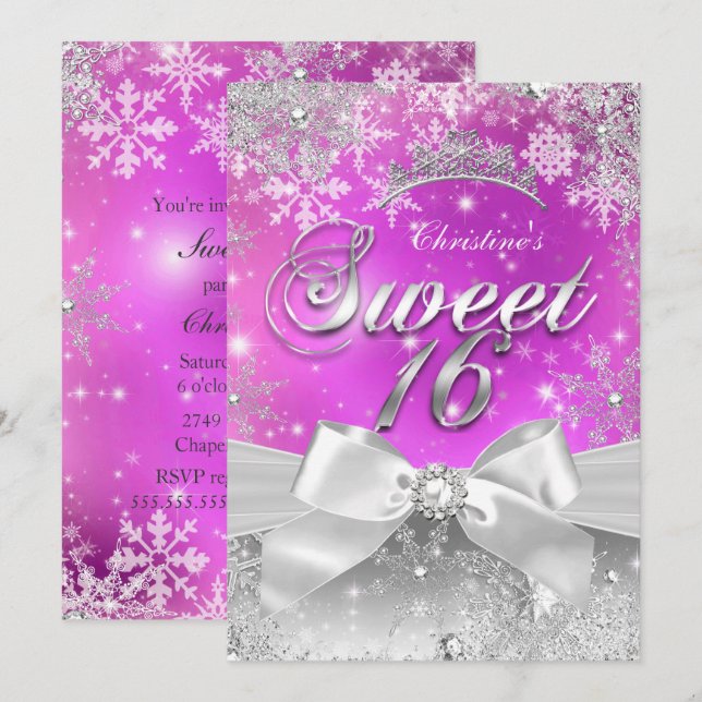 Tiara Sweet 16 varmt rosa Vinterundret Inbjudningar (Fram/baksida)