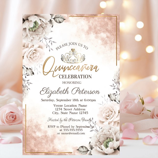 Tiara, vita blommor Quinceañera Inbjudningar (Skapare uppladdad)