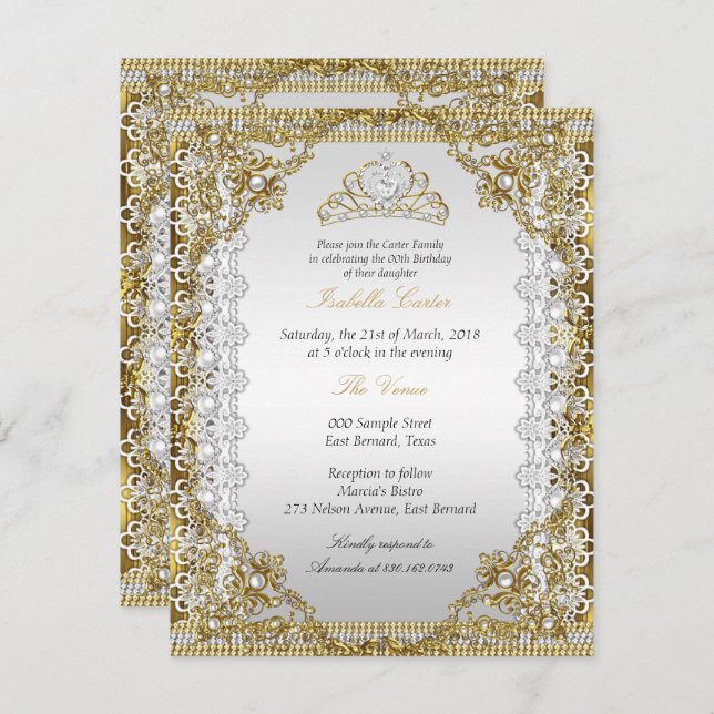 Tiara White Guld Pearl Snöre Damask Födelsedagsfes Inbjudningar (Fram/baksida)