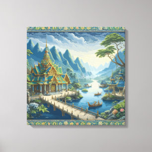 Tibaut Asian Scenia Blue och Grönt Decorative Canvastryck
