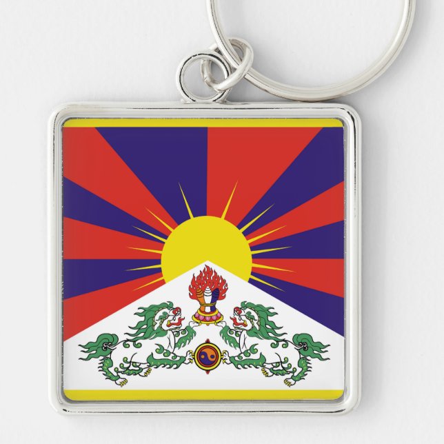 Tibet flagga - Lejona Flagga Snö Fyrkantig Silverfärgad Nyckelring (Framsidan)
