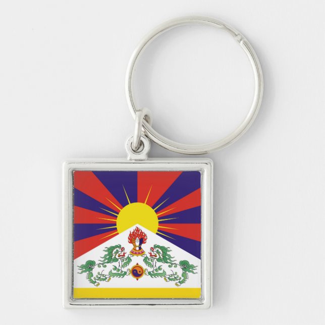 Tibet, Snö, Lejon, flagga - Himalayas Fyrkantig Silverfärgad Nyckelring (Framsidan)