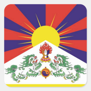 Tibet snölejon, tibetan flagga - himalayasna fyrkantigt klistermärke