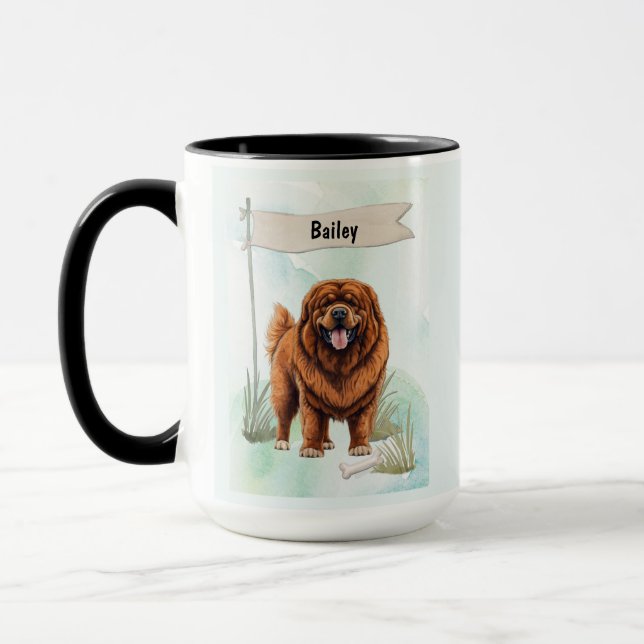 Tibetan Mastiff Watercolor Personalized Dog Mugg (Vänster)