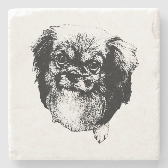 Tibetan Spaniel Coaster – Monochrome Dog Art Stenunderlägg (Framsidan)