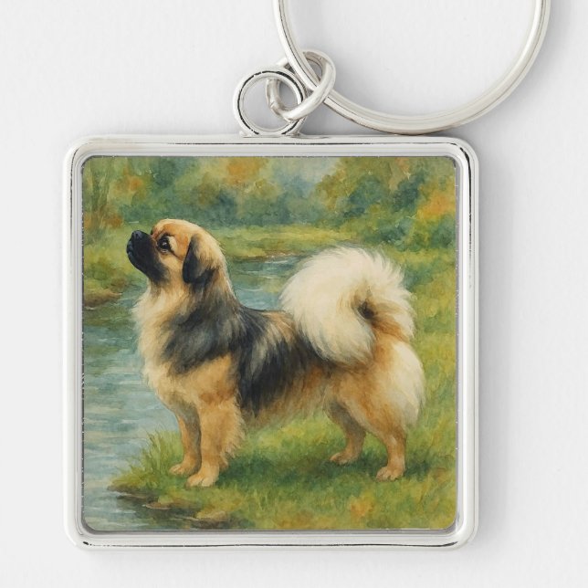 Tibetan Spaniel Fyrkantig Silverfärgad Nyckelring (Framsidan)