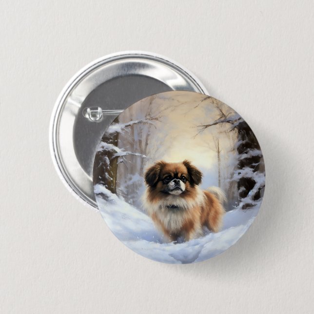Tibetan Spaniel Låt Det Snö Jul  Knapp (Framsida & baksida)