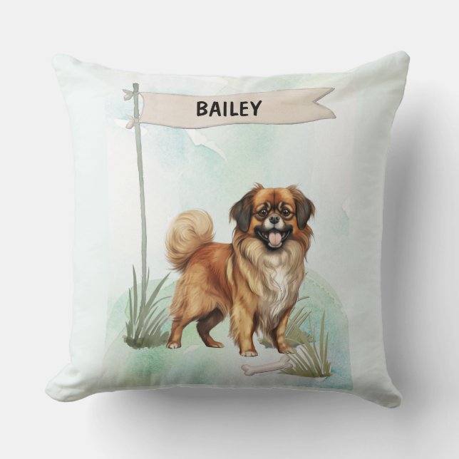 Tibetan Spaniel Watercolor Personalized Dog Kudde (Framsida)