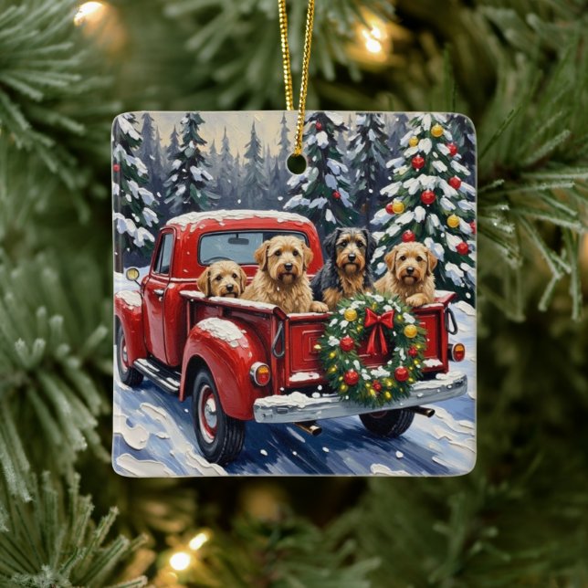 Tibetan Terrier Christmas Red Truck Holiday Julgransprydnad Keramik (Träd)