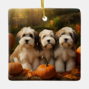Tibetan Terrier Valp Höstglädje Pumpa Julgransprydnad Keramik
