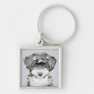 Tibetan Terriermålning - gullig original- Fyrkantig Silverfärgad Nyckelring