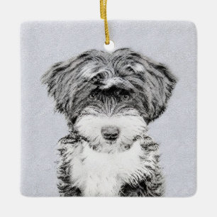 Tibetan Terriermålning - gullig original- Julgransprydnad Keramik