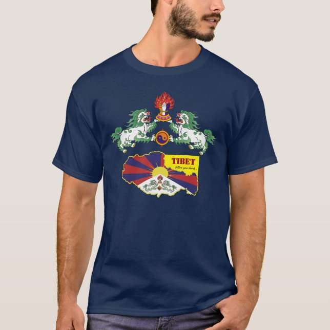 Tibetansk Flagga Tshirt, Snö Lejon, Karta / Tibet T Shirt (Framsida)