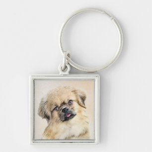 Tibetansk målning - Cute Original Hund Art Fyrkantig Silverfärgad Nyckelring