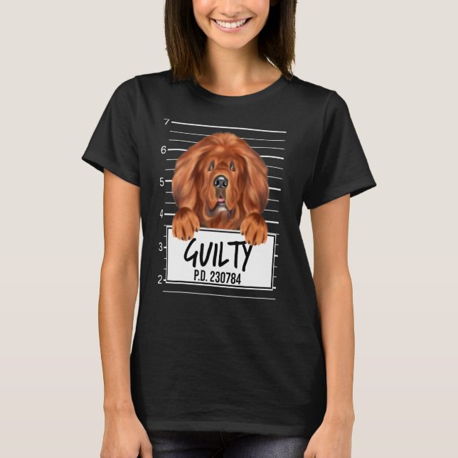 Tibetansk Mastiff Mugshot Guilty Hund T Shirt (Framsida)
