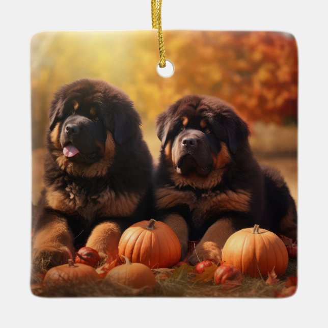 Tibetansk mastiff Puppy Autumn Delight Pumpkin Julgransprydnad Keramik (Framsida)