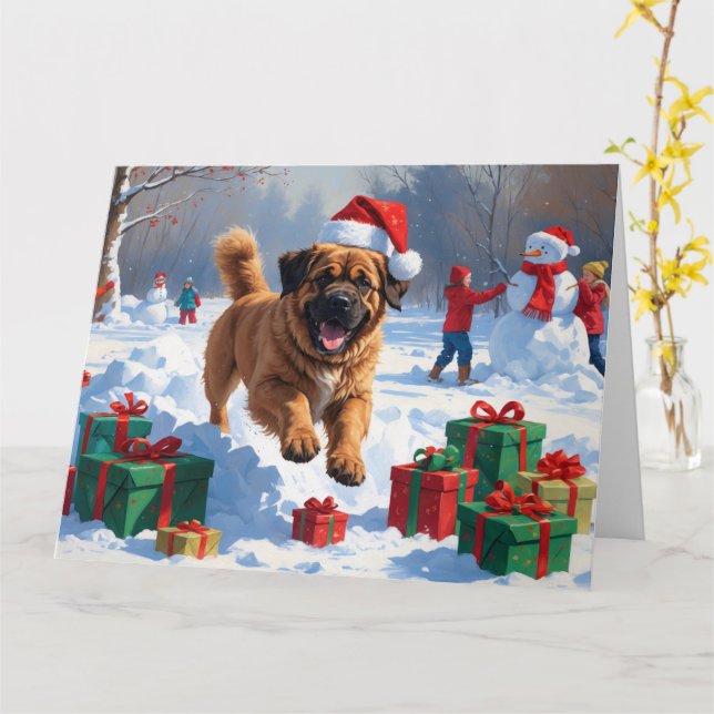 Tibetansk Mastiff springer i snö med julhatt Kort (Gul blomma)