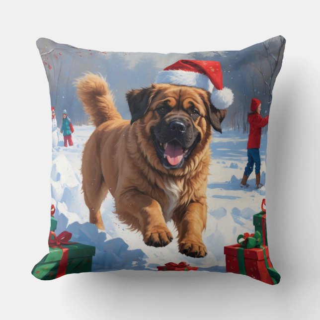 Tibetansk Mastiff springer i snö med julhatt Kudde (Framsida)