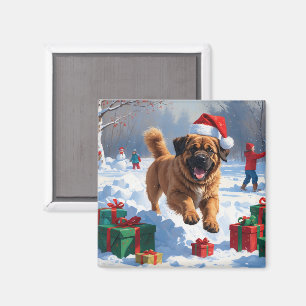 Tibetansk Mastiff springer i snö med julhatt Magnet