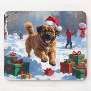 Tibetansk Mastiff springer i snö med julhatt Musmatta