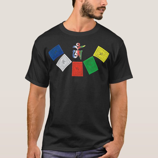 Tibetansk OM Prayer Flaggor T Shirt (Framsida)