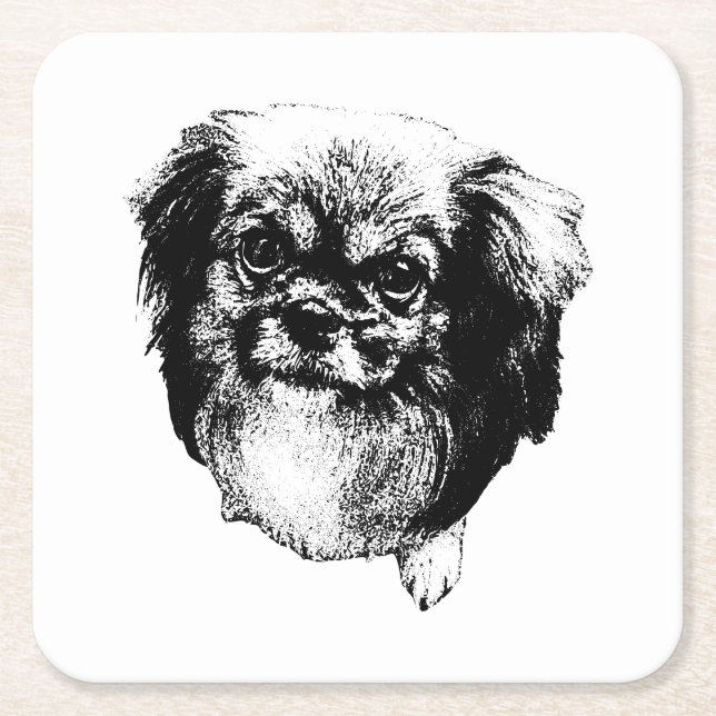 Tibetansk Spaniel Coaster – Monokrom Hundkonst Underlägg Papper Kvadrat (Framsidan)