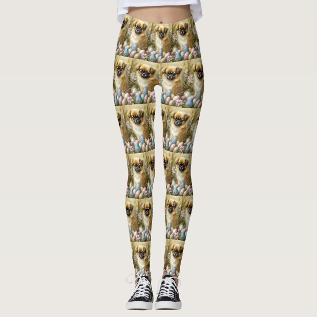 Tibetansk Spaniel Hund med Påskägg Semester Leggings (Framsida)