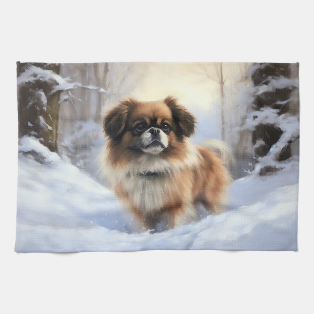 Tibetansk Spaniel Låt Det Snöa Jul Kökshandduk (Horisontell)