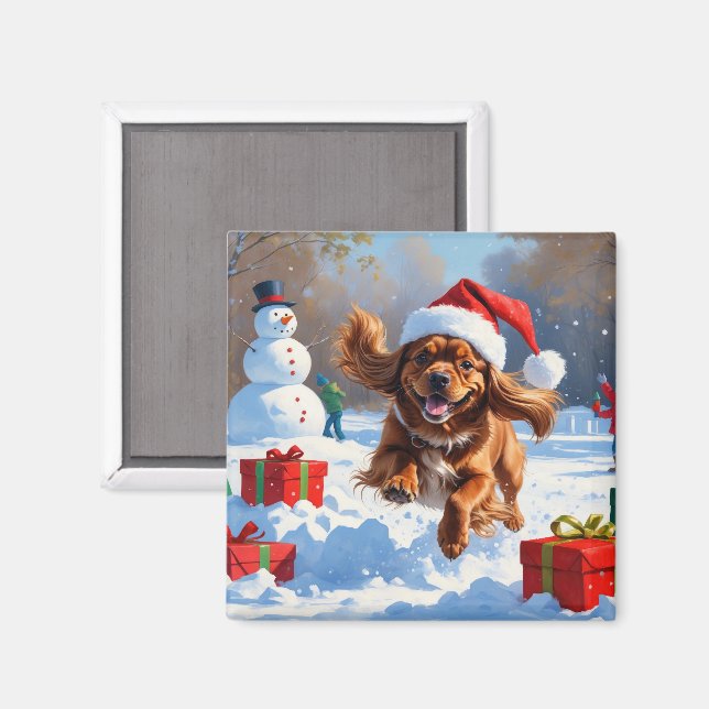 Tibetansk Spaniel som springer i snö med julhatt Magnet (Front/Back)