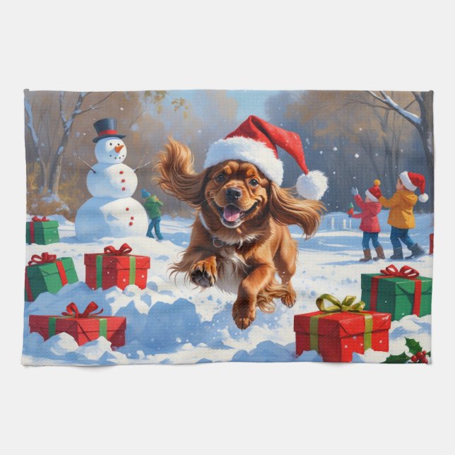 Tibetansk Spaniel Springar i Snö med Julhatt Kökshandduk (Horisontell)