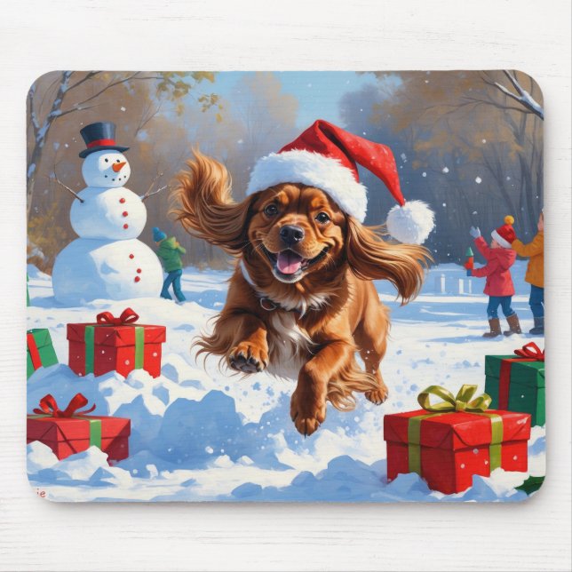 Tibetansk Spaniel Springar i Snö med Julhatt Musmatta (Framsidan)
