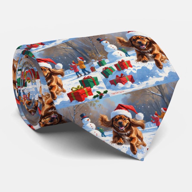 Tibetansk Spaniel Springar i Snö med Julhatt Slips (Rullad)