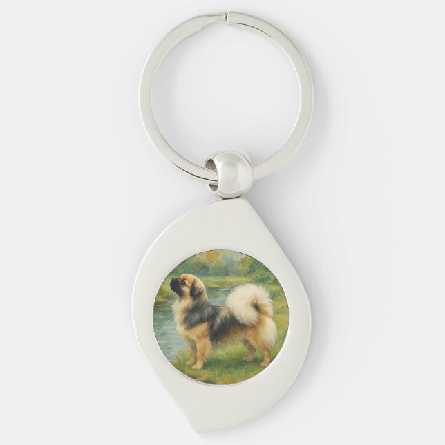 Tibetansk Spaniel Swirl Silverfärgad Nyckelring (Framsidan)
