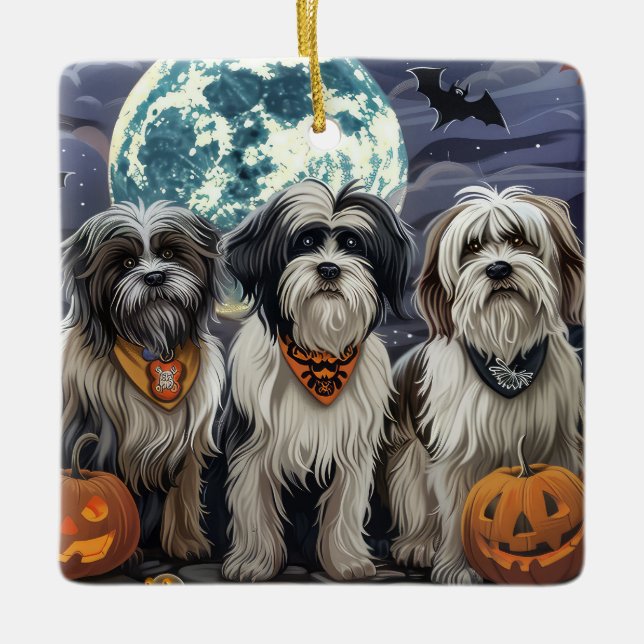 Tibetansk Terrier Halloween Spooky Julgransprydnad Keramik (Framsida)