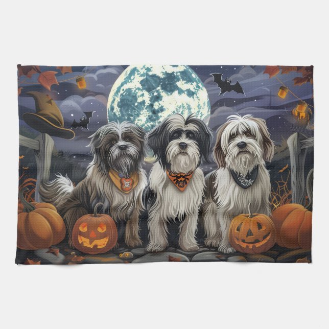 Tibetansk Terrier Halloween Spooky Kökshandduk (Horisontell)
