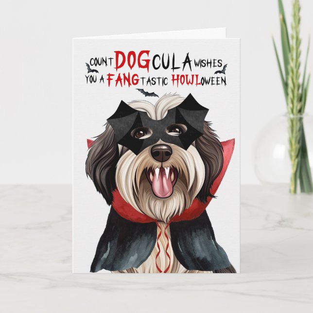 Tibetansk Terrier Hund Funny Count DOGcula Hallowe Helgkort (Framsida)