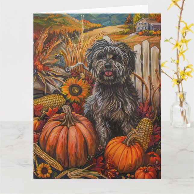 Tibetansk Terrier Hund Höstskörd Tacksägelse Kort (Gul blomma)