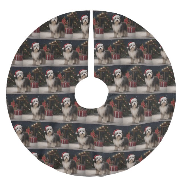 Tibetansk Terrier Hund i Snö-jul Julgransmatta Borstad Polyester (Framsidan)