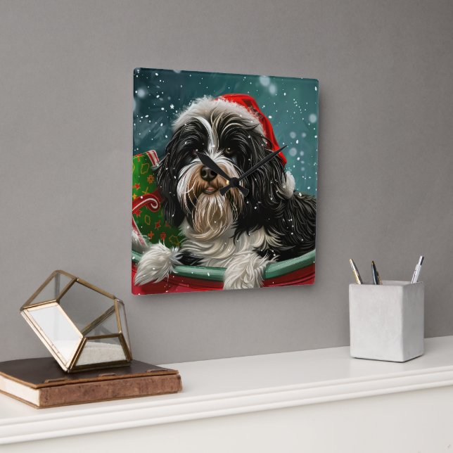 Tibetansk Terrier Hund Jul Festlig  Fyrkantig Klocka (Kontor)