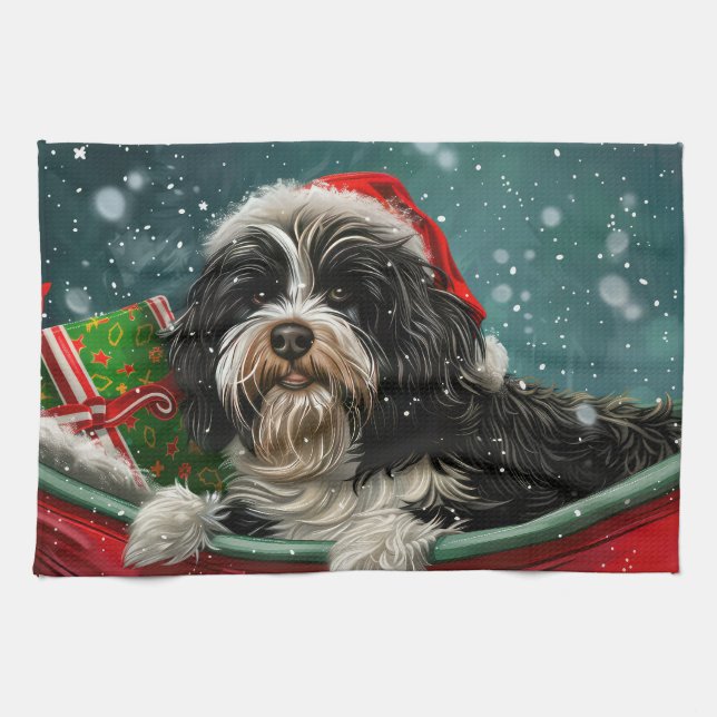 Tibetansk Terrier Hund Jul Festlig Kökshandduk (Horisontell)
