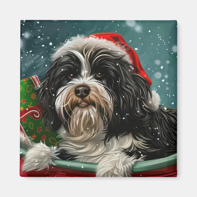 Tibetansk Terrier Hund Jul Festlig Magnet (Framsidan)