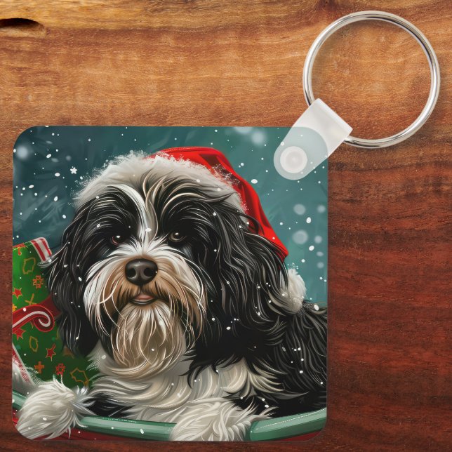 Tibetansk Terrier Hund Jul Festlig Nyckelring (Baksida)