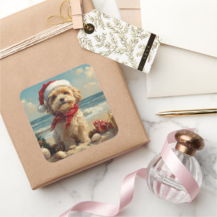 Tibetansk Terrier Hund Jul Vintage Strand Fyrkantigt Klistermärke