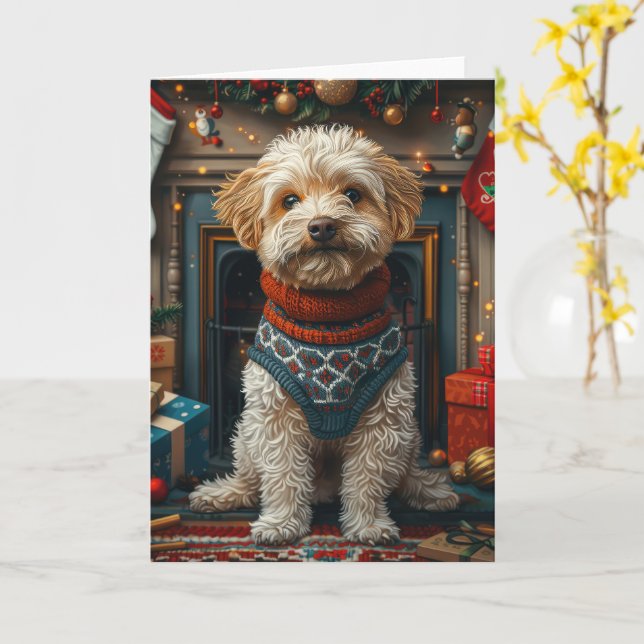 Tibetansk Terrier Hund Med Julpresenter Öppen Spis Kort (Gul blomma)