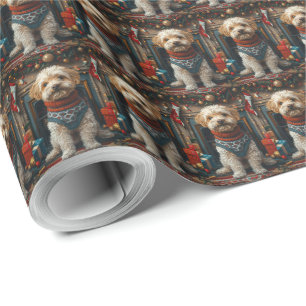 Tibetansk Terrier Hund Med Julpresenter Öppen Spis Presentpapper