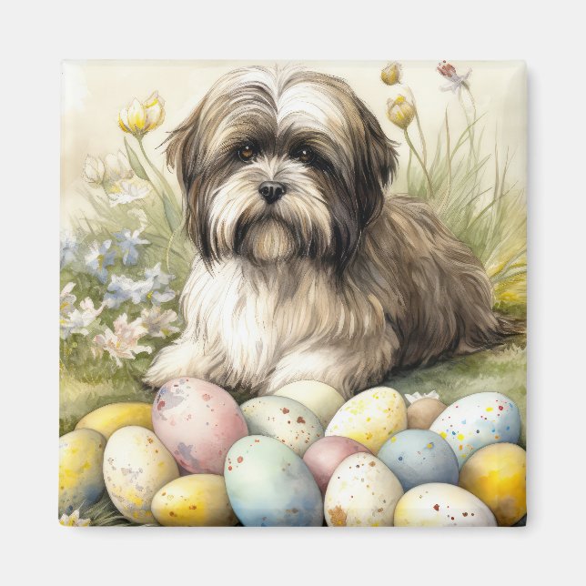 Tibetansk Terrier Hund med Påskägg Semester Magnet (Framsidan)