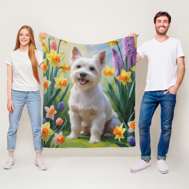 Tibetansk Terrier Hund Vårblommor Målning Fleecefilt (På plats)