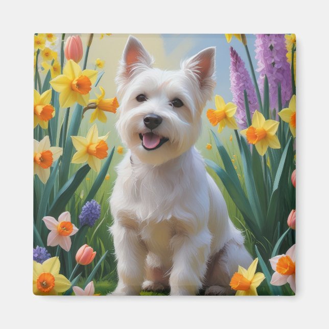 Tibetansk Terrier Hund Vårblommor Målning Magnet (Framsidan)