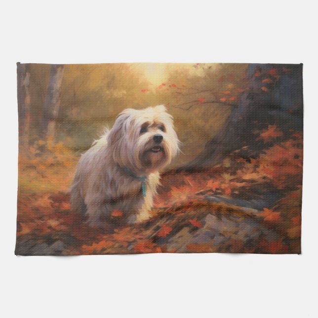 Tibetansk Terrier i höstlöv Fall Inspire Kökshandduk (Horisontell)
